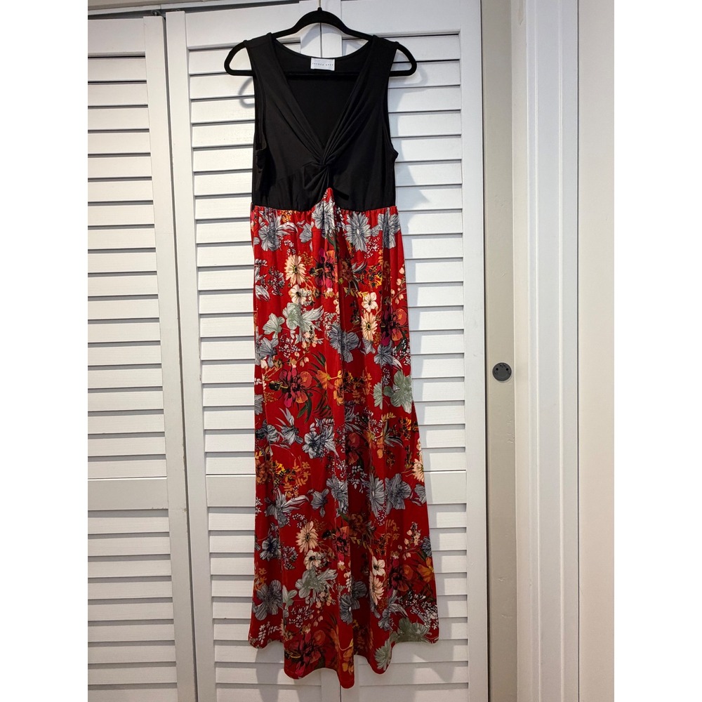 French Grey Womens XL Maxi Dress Black Floral Red Twist Front V-Neck Sleeveless